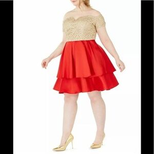 Women’s Formal Dress Plus Sz 18W B. Darlin A-Line Gold Red Emroidered Satin Gown